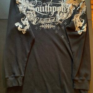 Y2K Black South Pole Shirt Long Thermal Sleeve Sz Youth L Grunge Glitter Cross